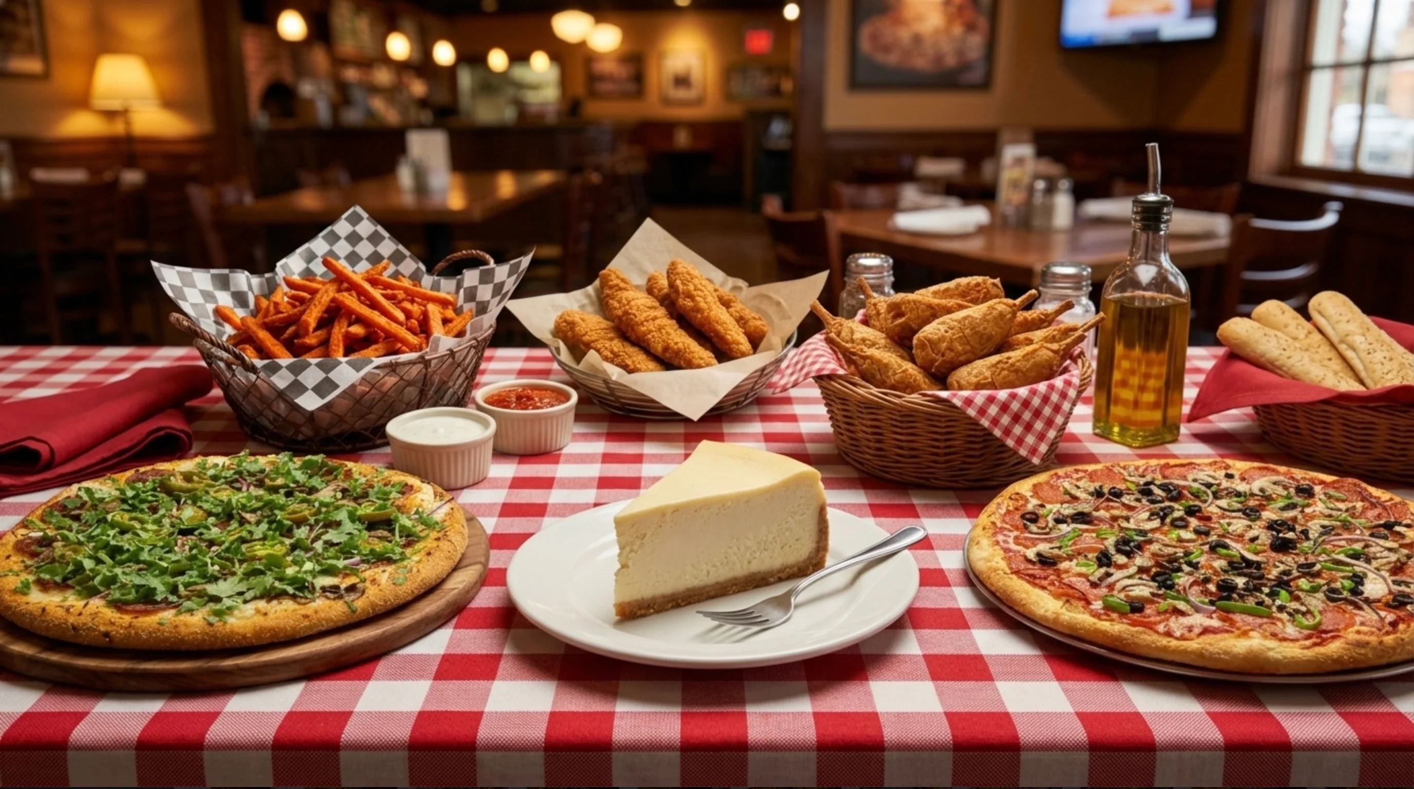 Delicious pepperoni pizza and cheesecake in a cozy restaurant setting