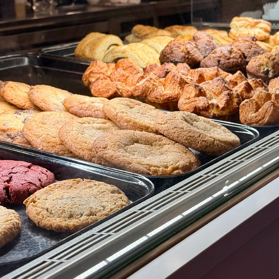 The Boro Cafe pastry case with cookies, Charlies, scones and muffins