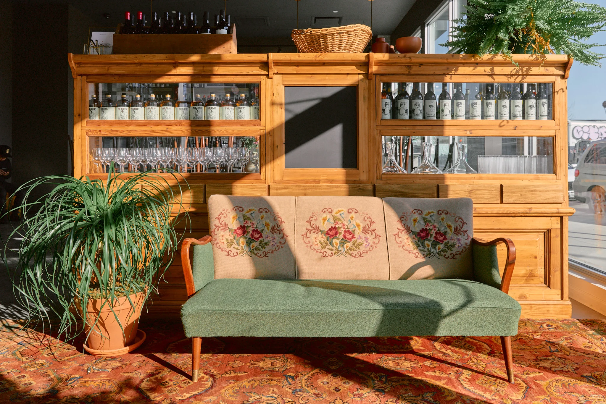 Cozy restaurant interior with wooden bar and vintage decor