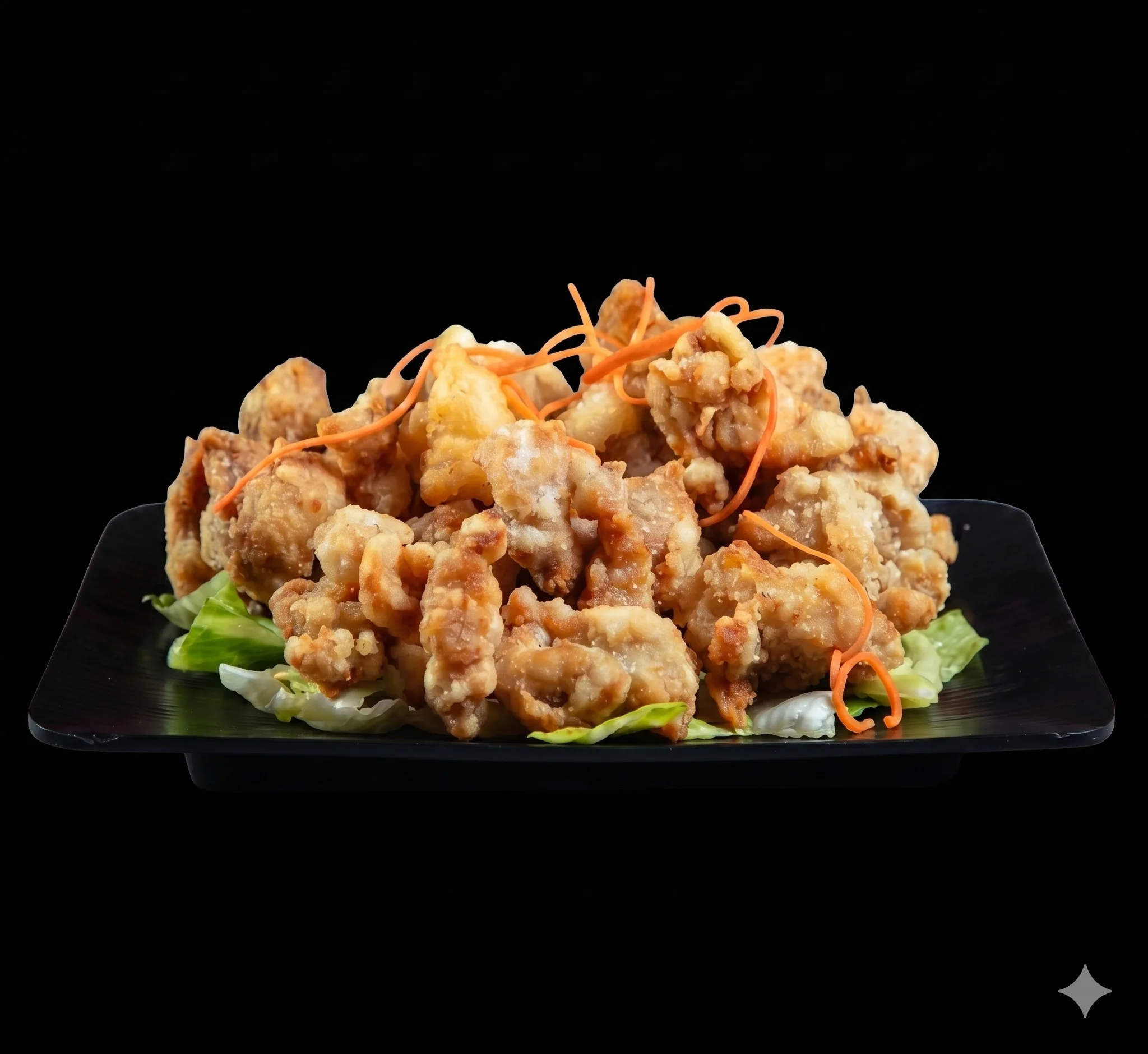 Plate of crispy fried chicken pieces garnished with lettuce and carrots.