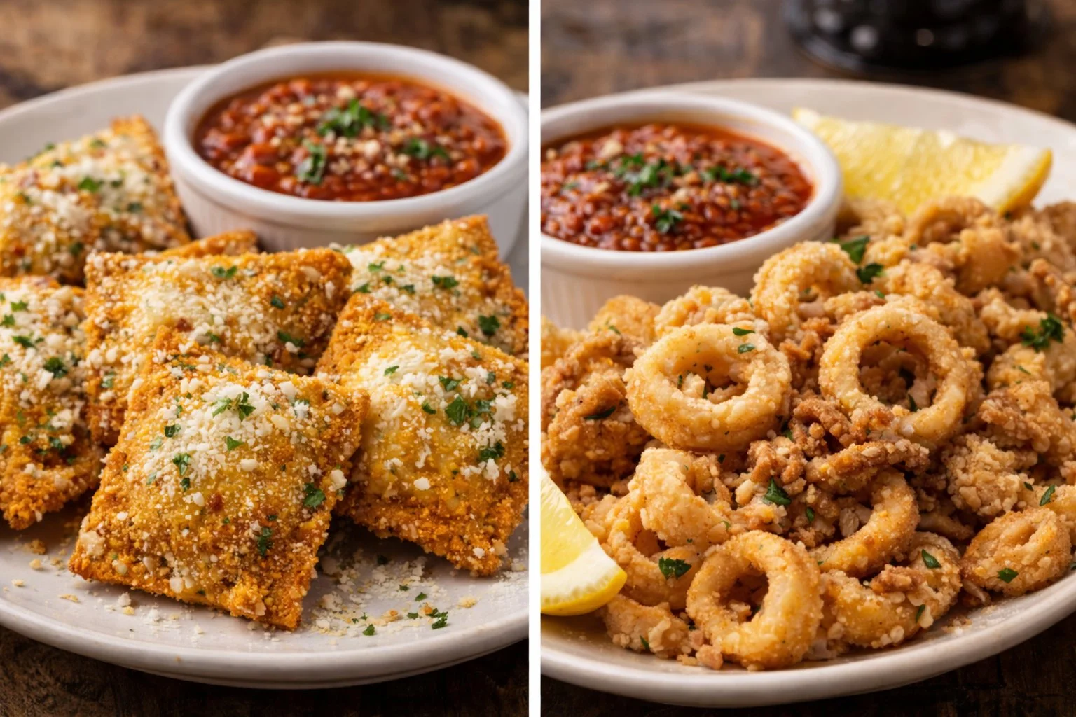 A plate featuring crispy fried ravioli with a tomato sauce for dipping, complemented by a side of crispy calamari and a slice of lemon.