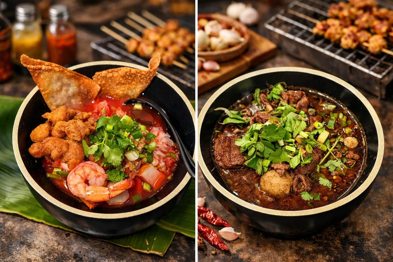 Two bowls of Thai noodle dishes, one with shrimp and crispy toppings, and the other with tender beef and fresh herbs.