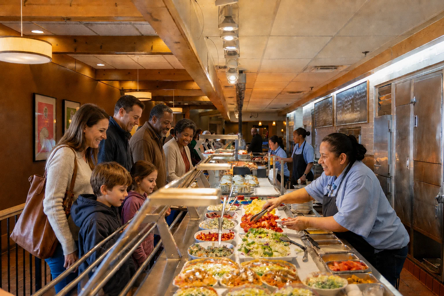 A family enjoying a buffet with a variety of fresh food options.
