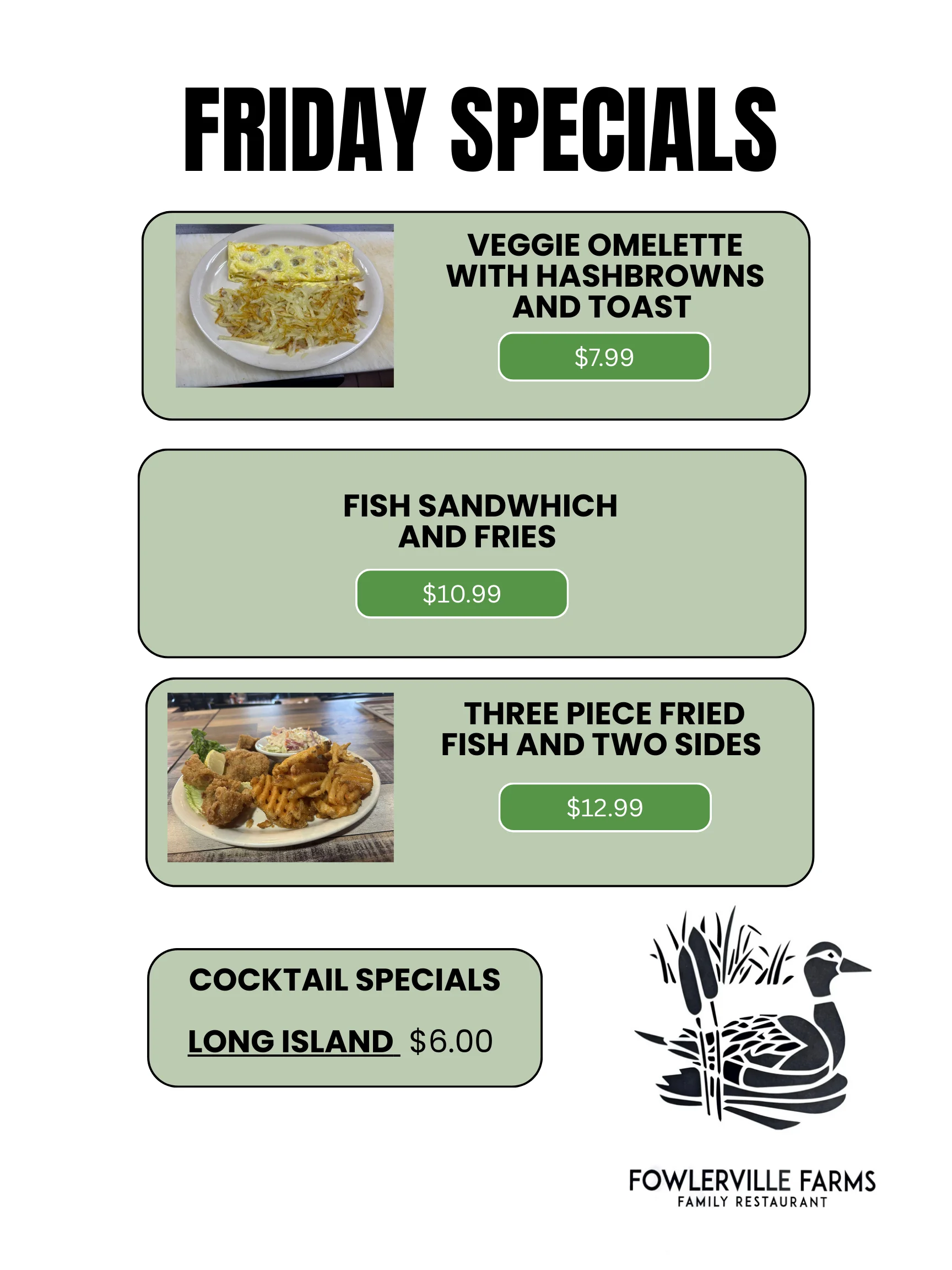 Friday specials featuring fish and veggie dishes at a family restaurant