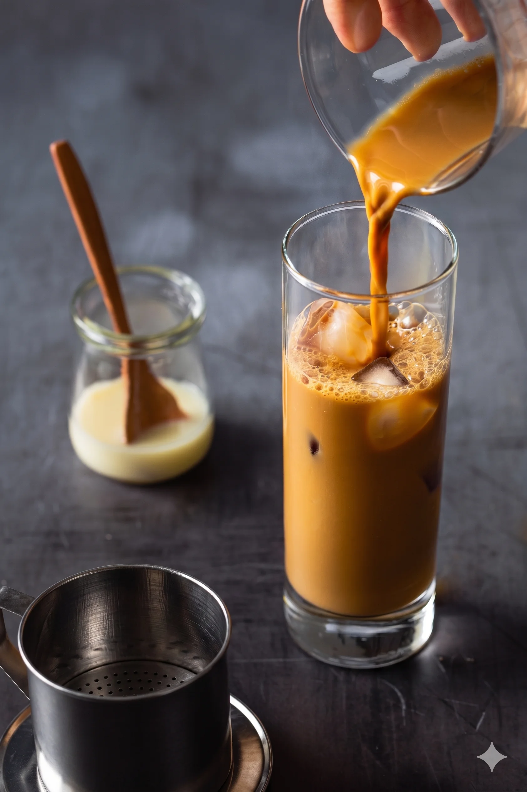 Pouring iced coffee into a glass with ice and sweetened condensed milk.