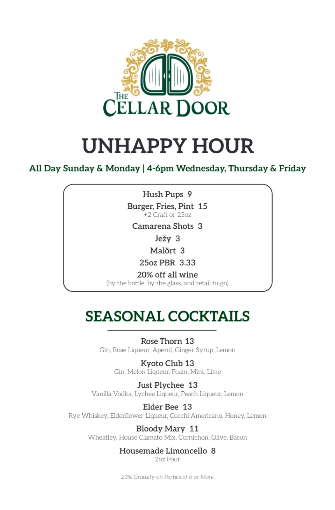 Bar menu featuring a variety of drinks and cocktails.