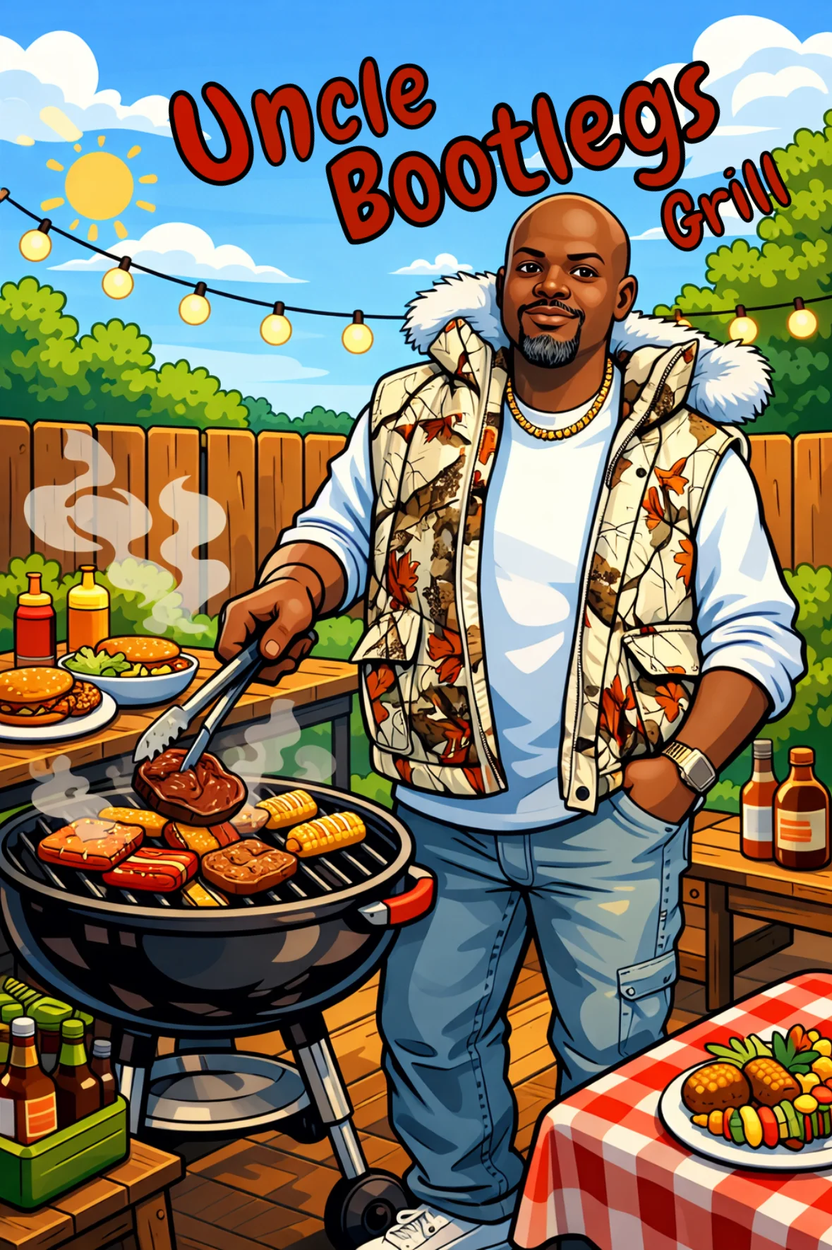 A cheerful barbecue scene featuring a person grilling meat and vegetables on a grill. The setting is outdoors, adorned with string lights and greenery in the background. A table with colorful foods and beverages is nearby.