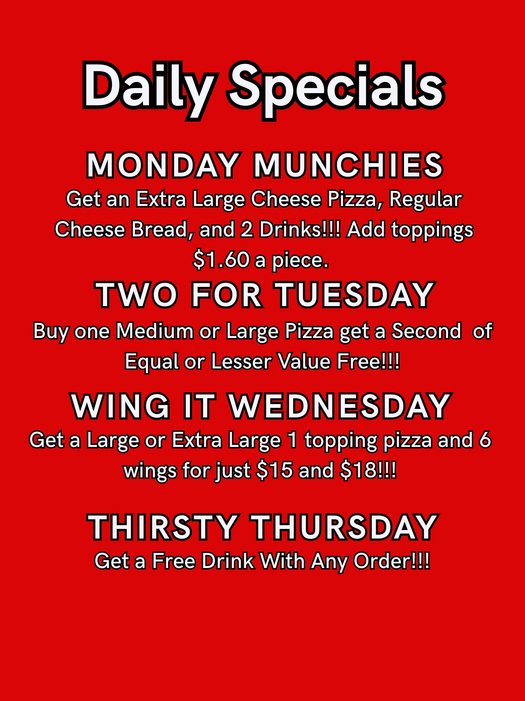 Daily specials menu for a pizza restaurant
