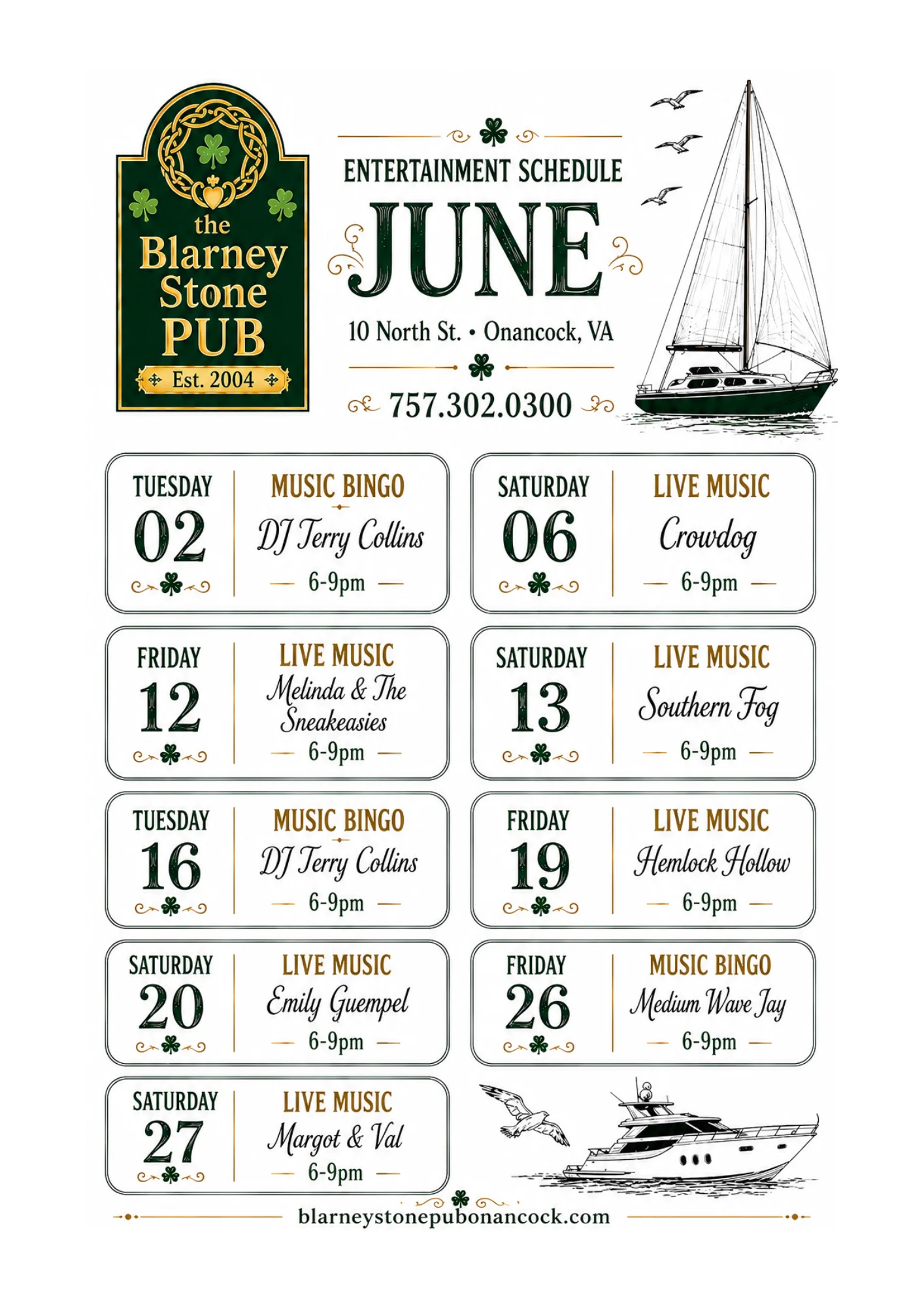 February entertainment schedule for a restaurant featuring live music and events.
