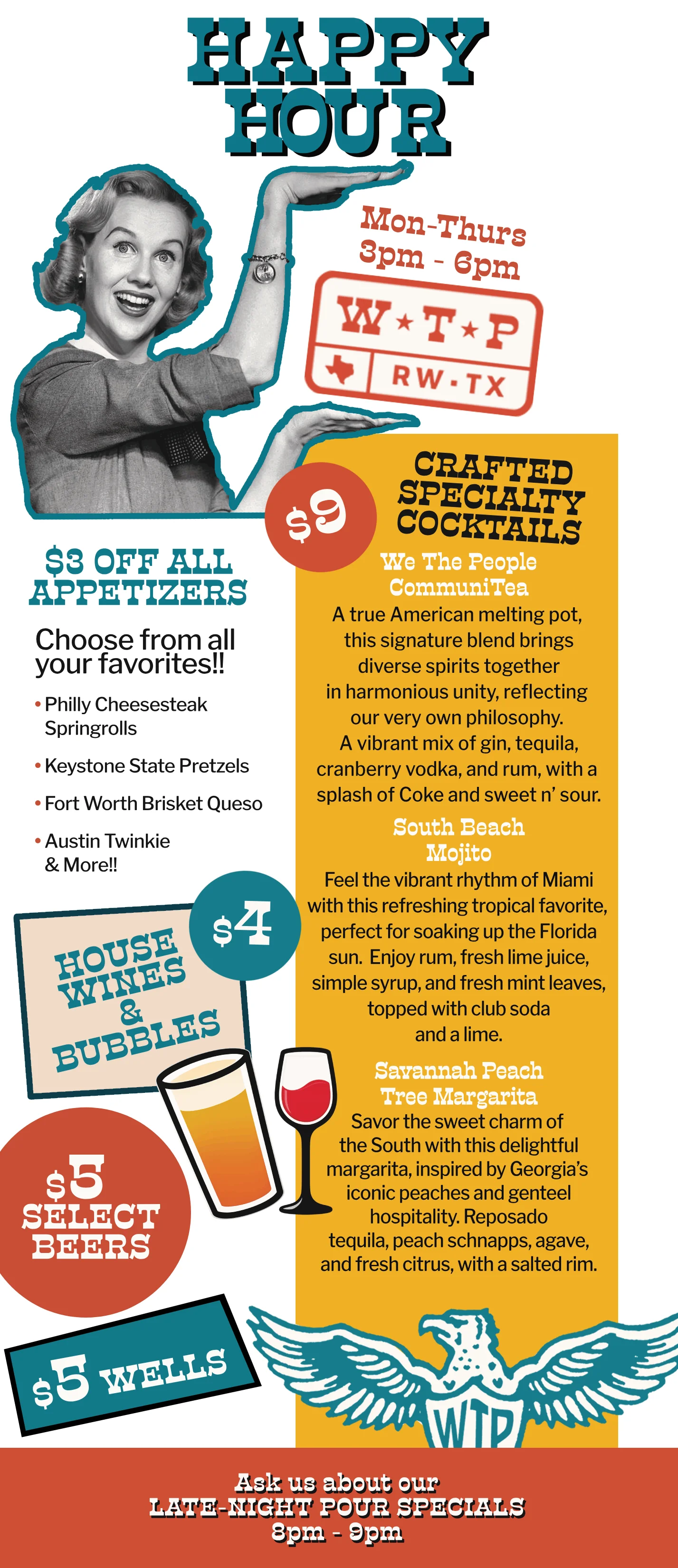 Promotional poster for Snack Hour with discounts on drinks and bites.