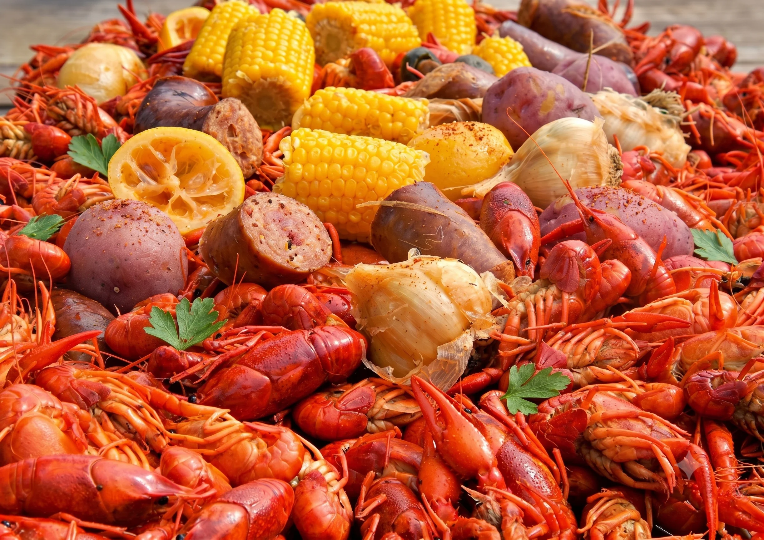 Louisiana crawfish boil with corn and potatoes