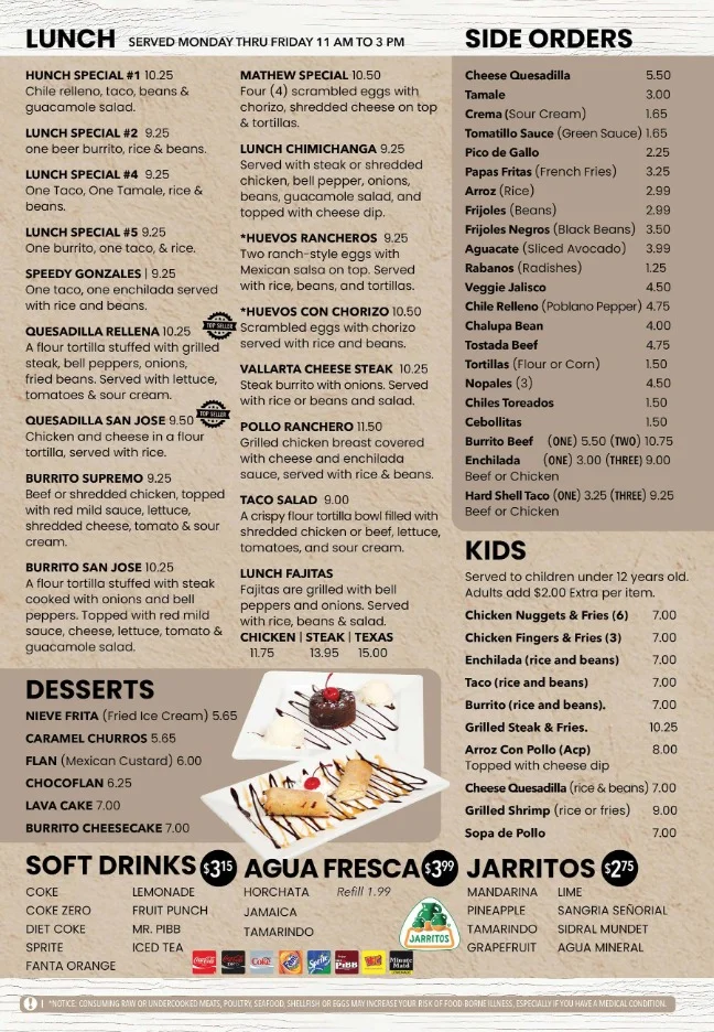 Mexican lunch menu featuring burritos, enchiladas, and tacos