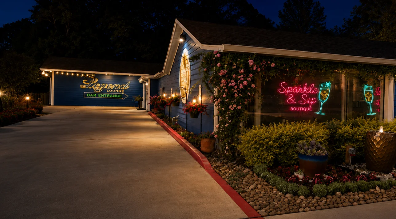 Charming bar entrance with neon signs and floral decor at night