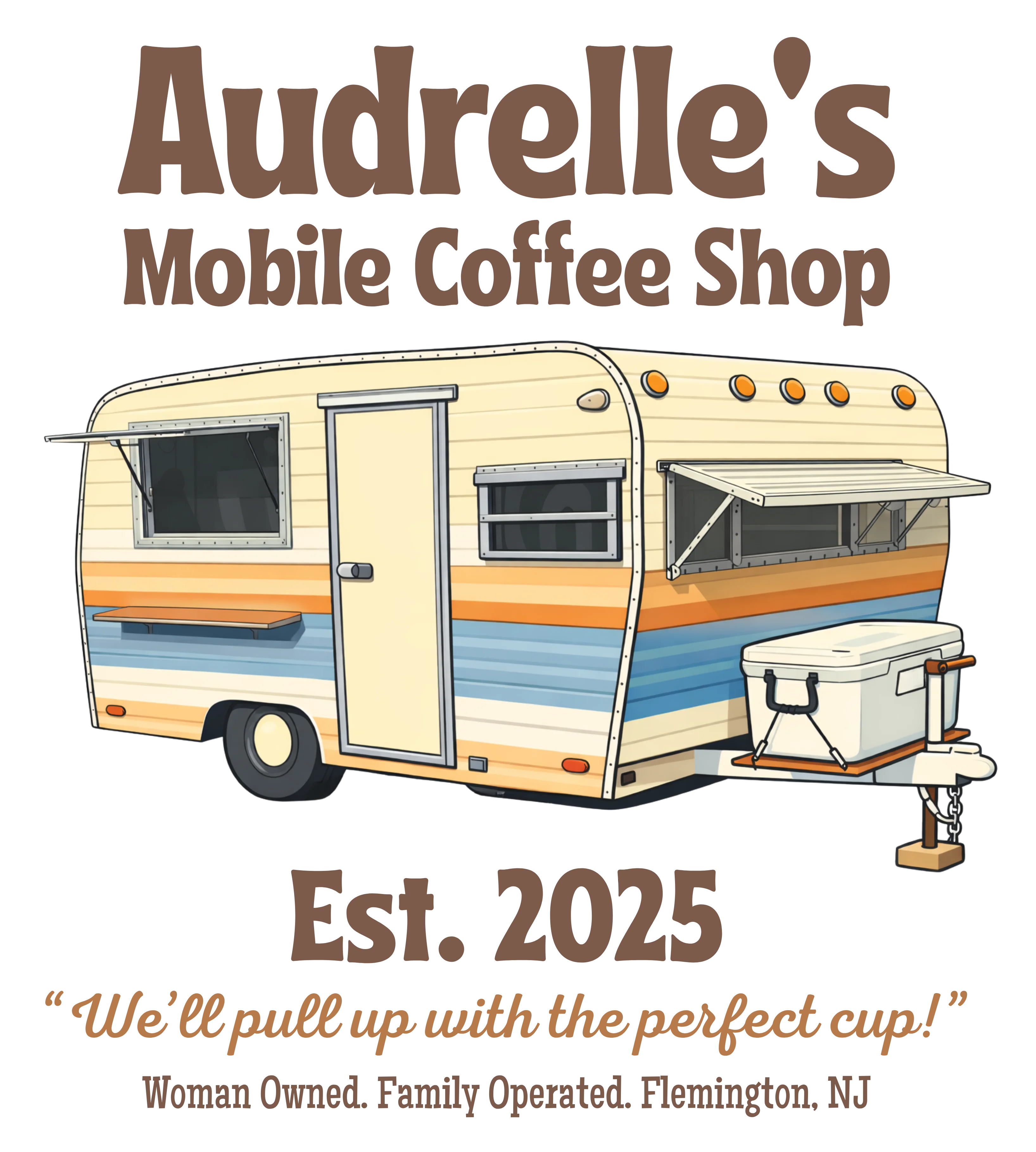 Logo for Audrelle's Mobile Coffee Shop featuring a vintage coffee trailer.