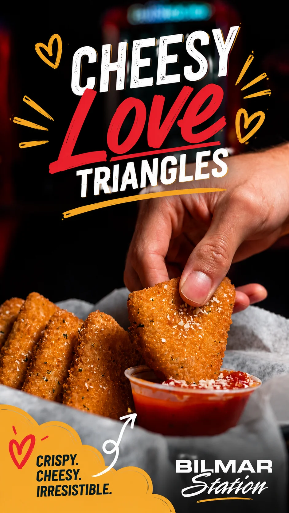 Hand holding crispy cheesy triangles with dipping sauce at Bilmar Station.