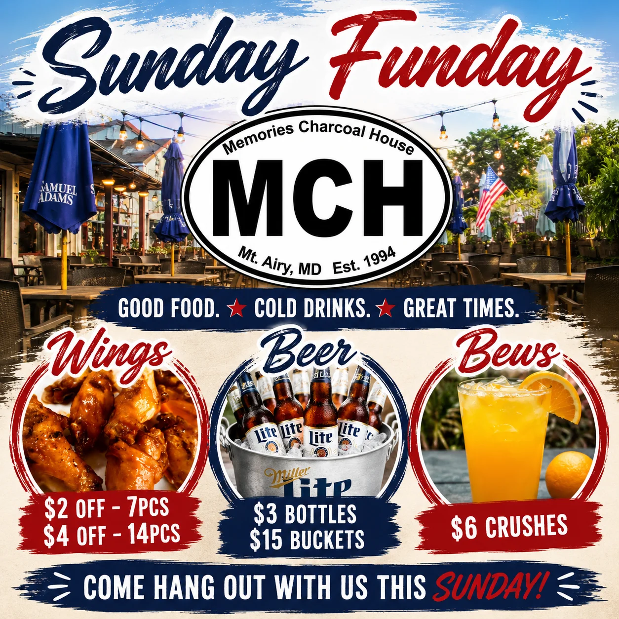 Promotional poster for Sunday Funday at Memories Charcoal House with food and drink specials.