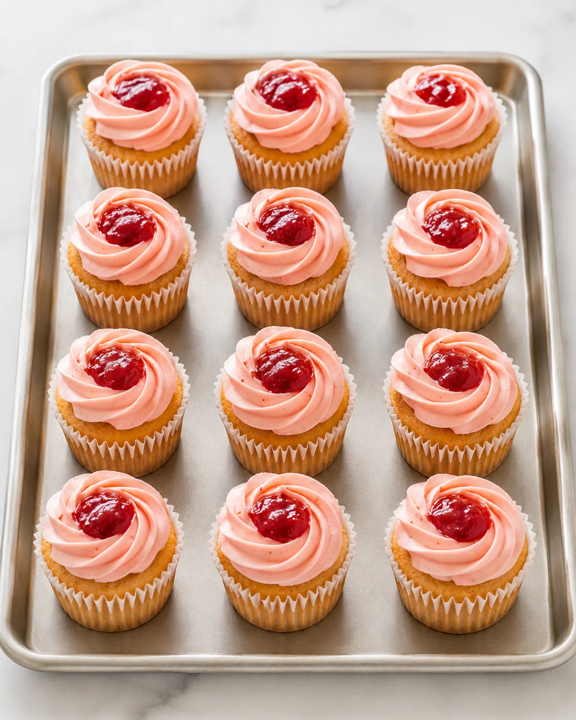Delicious strawberry cupcakes with pink frosting