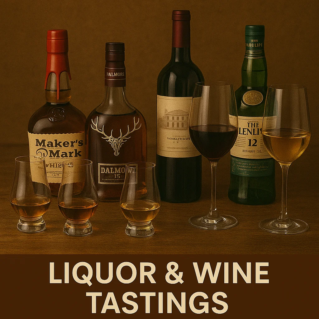 Selection of whiskey and wine bottles for tastings