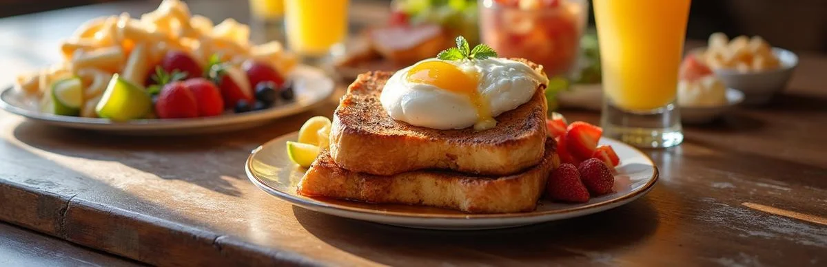 Classic American breakfast platter with eggs, bacon, and pancakes
