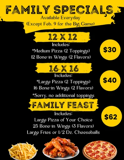 Restaurant family specials menu featuring pizza, chicken wings, and fries