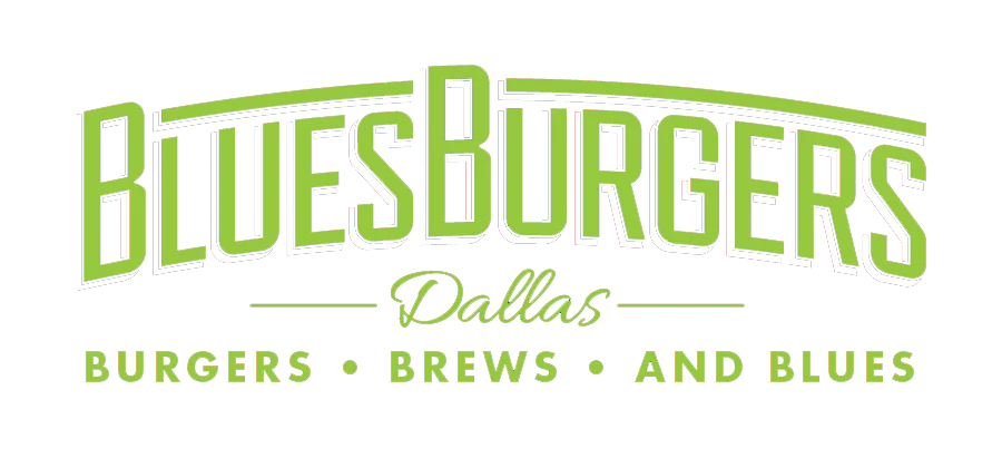 Logo of Blues Burgers Dallas featuring burgers, brews, and blues