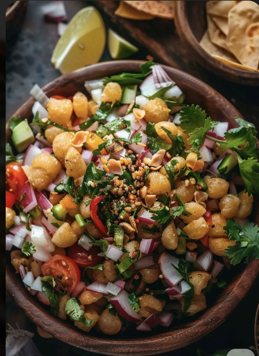 A colorful salad featuring a mixture of crispy puffed snacks, fresh vegetables, and herbs, garnished with peanuts and spices, presented in a wooden bowl.