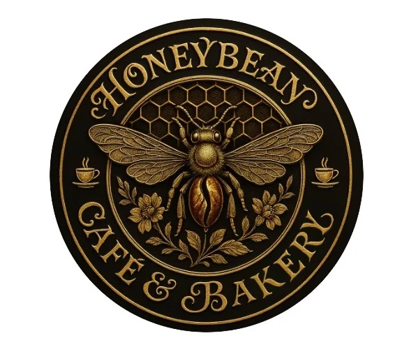 Logo of Honeybeany Cafe & Bakery featuring a bee and floral design