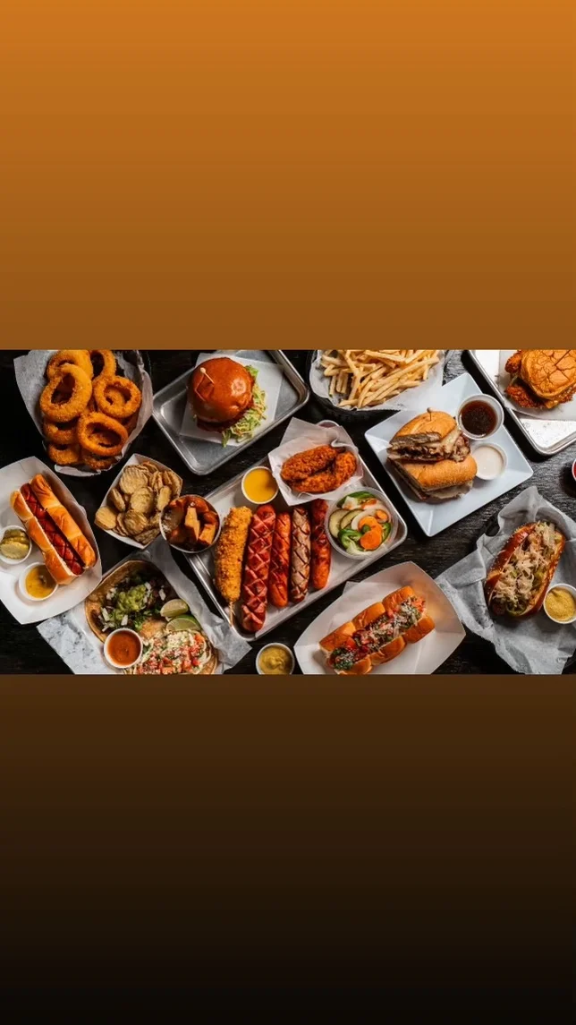 Variety of American comfort food including burgers and hot dogs