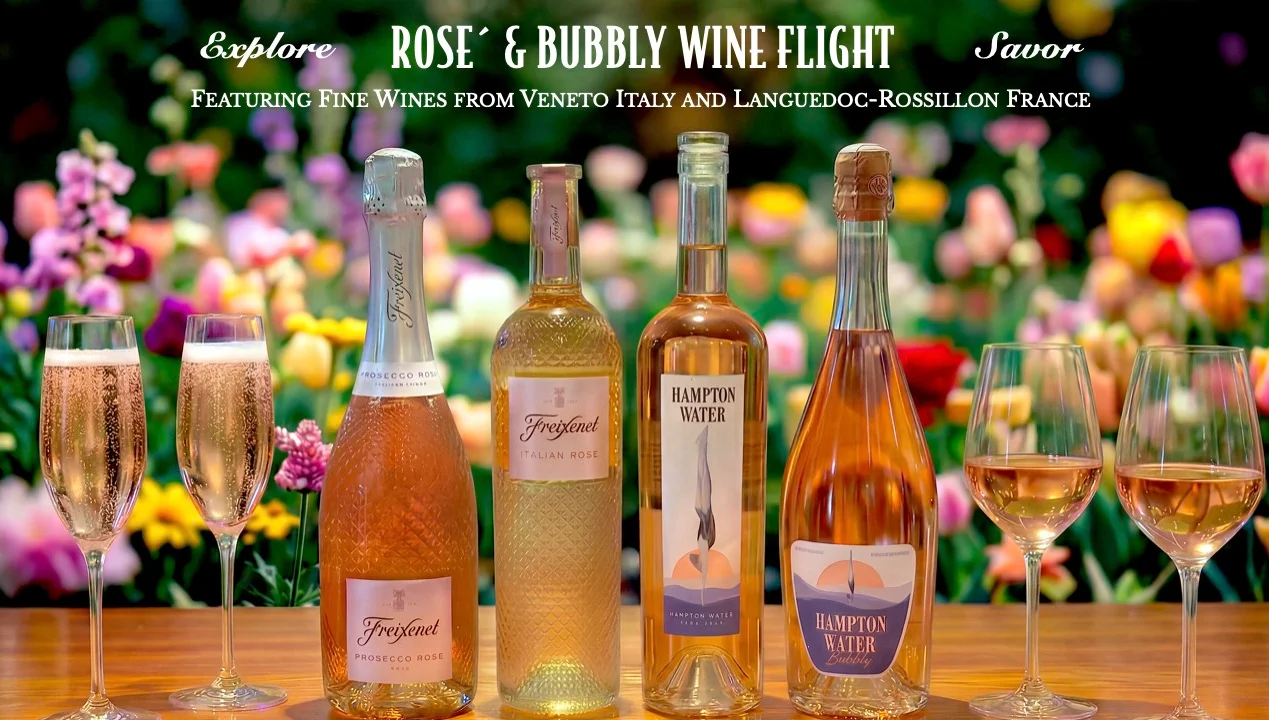 Rose and bubbly wine flight with floral backdrop