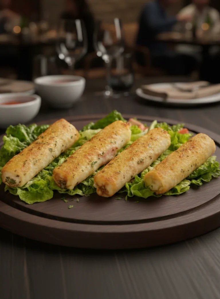 Crispy spring rolls served on a bed of lettuce