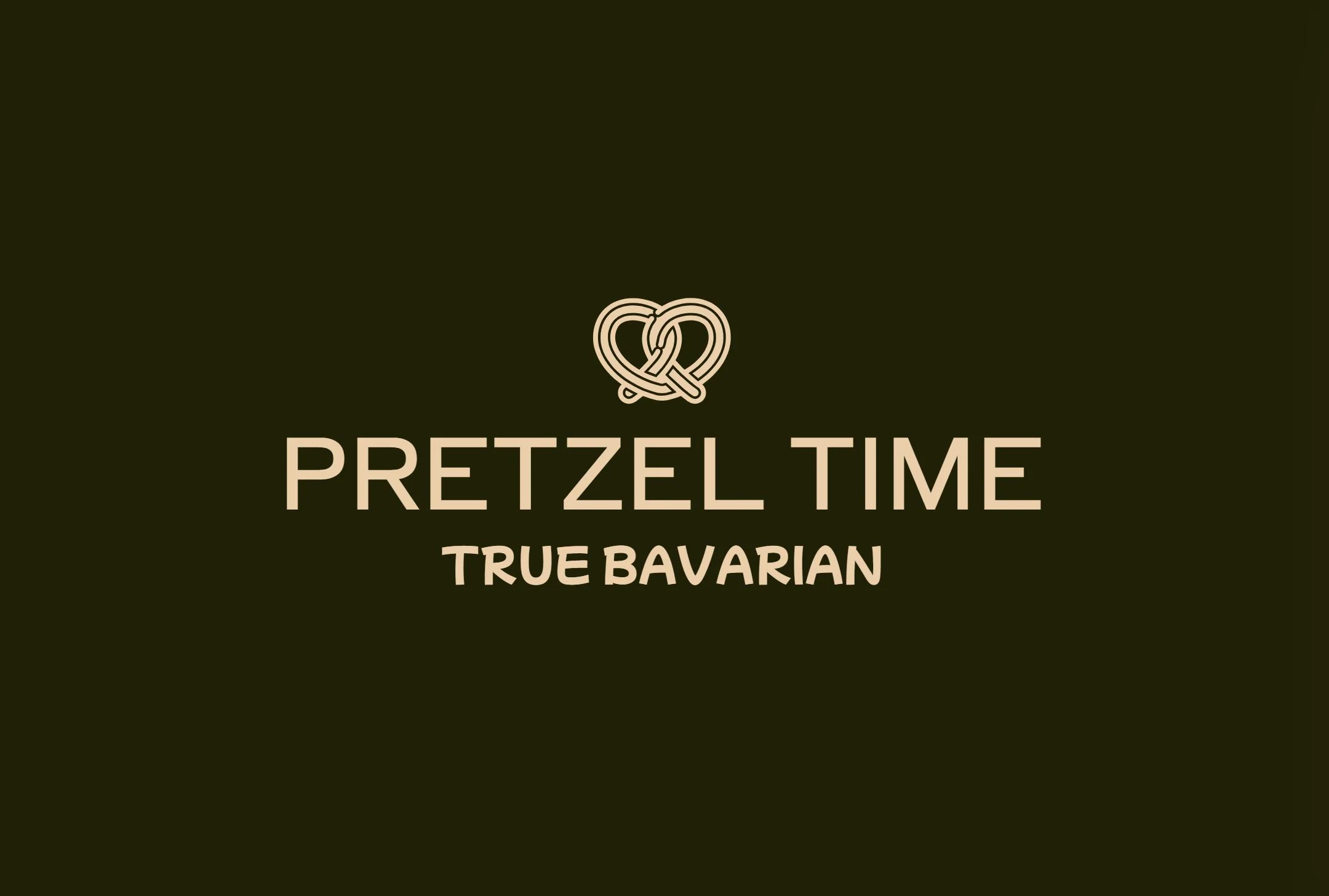 A minimalist logo featuring the words 'Pretzel Time' in bold, with a heart-shaped pretzel graphic above. The background is dark, highlighting the golden text.