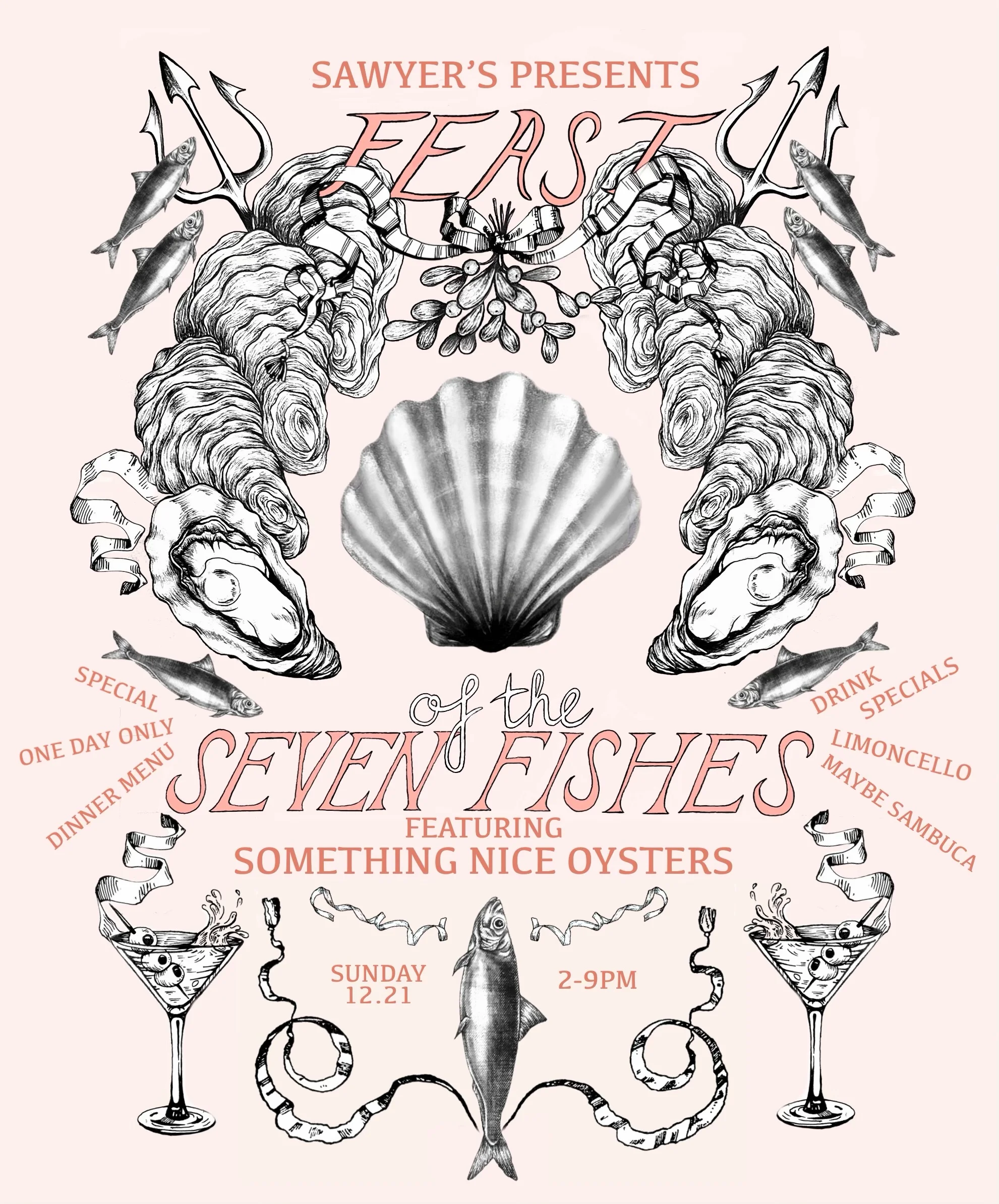 Artistic poster for Feast of the Seven Fishes event at Sawyer's restaurant