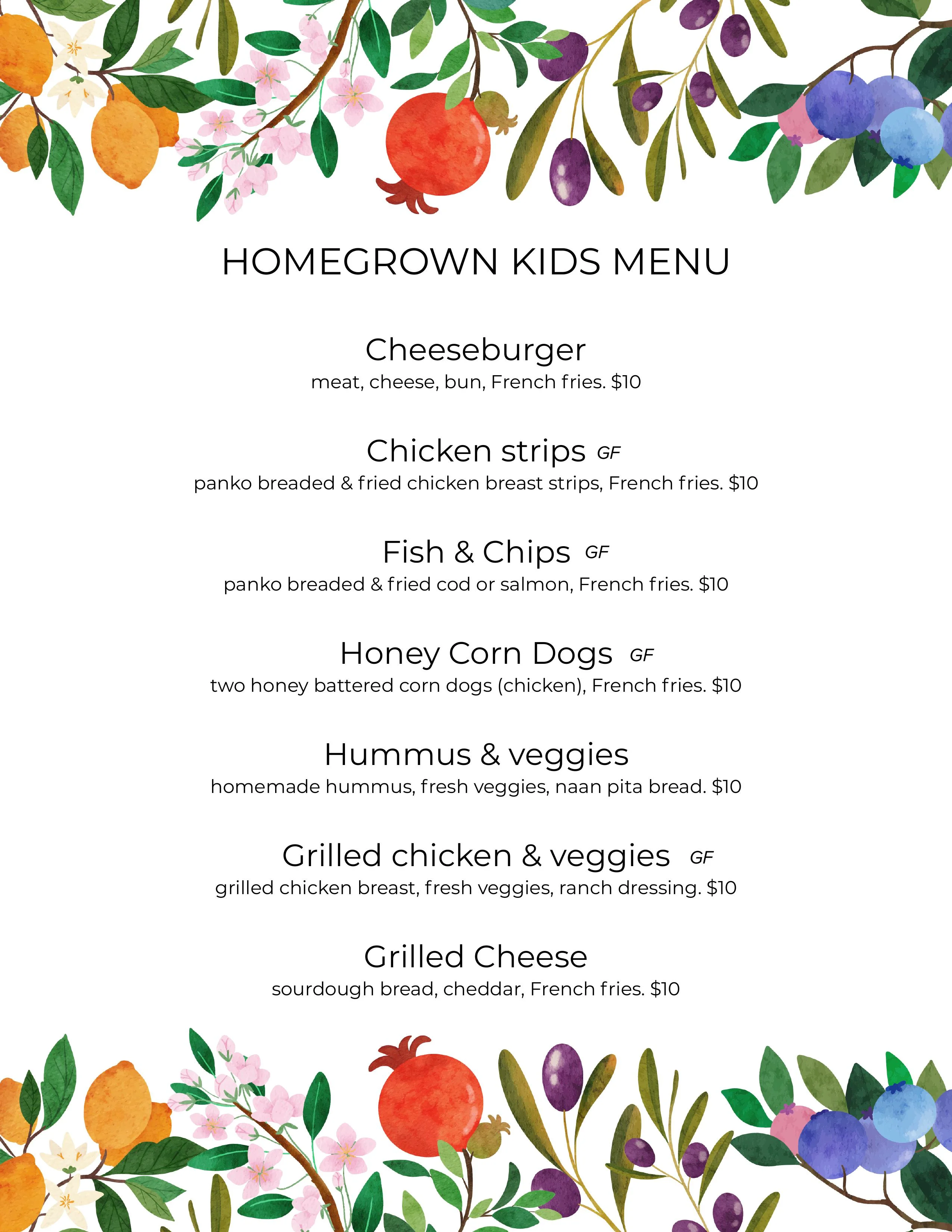 Kids menu featuring classic American dishes