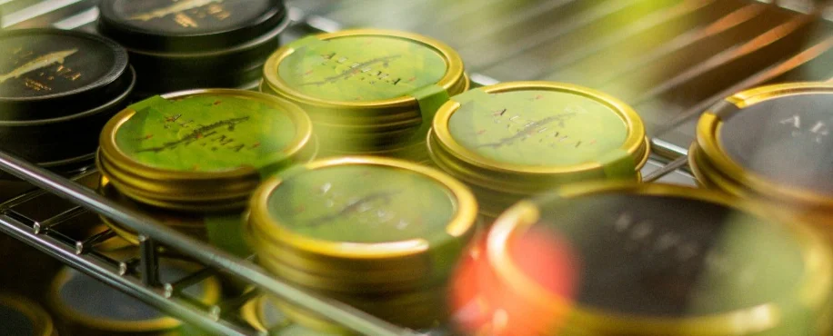 Luxurious caviar served in a tin with a spoon