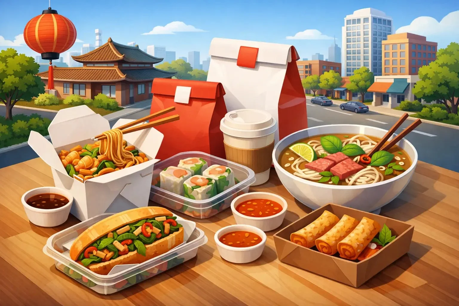 Assorted Asian takeout dishes including pho and sushi