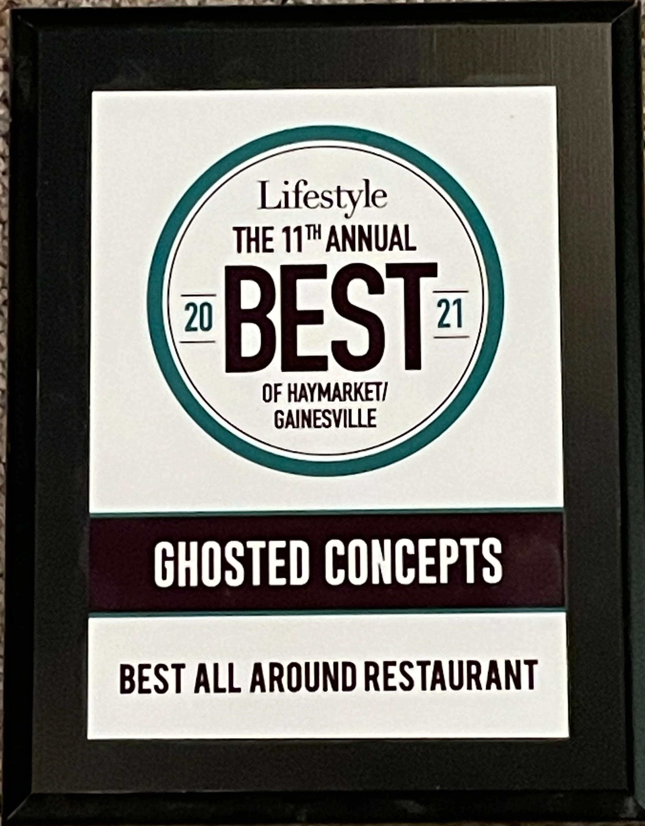 Award plaque for Best All Around Restaurant in Haymarket/Gainesville