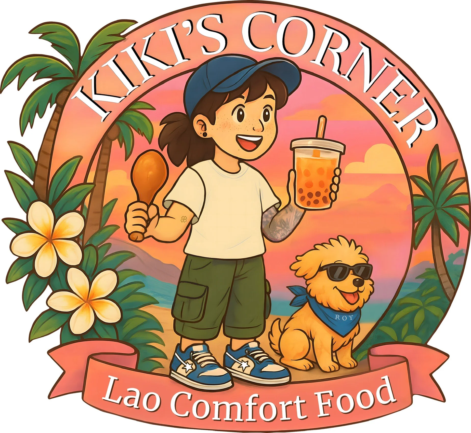 A colorful logo featuring a cheerful character holding a drink and a chicken drumstick, accompanied by a small dog. The background includes palm trees and flowers, suggesting a tropical theme.