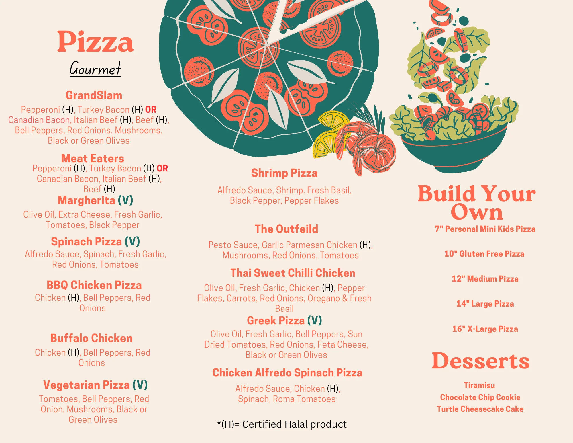 Gourmet pizza menu featuring various styles and toppings