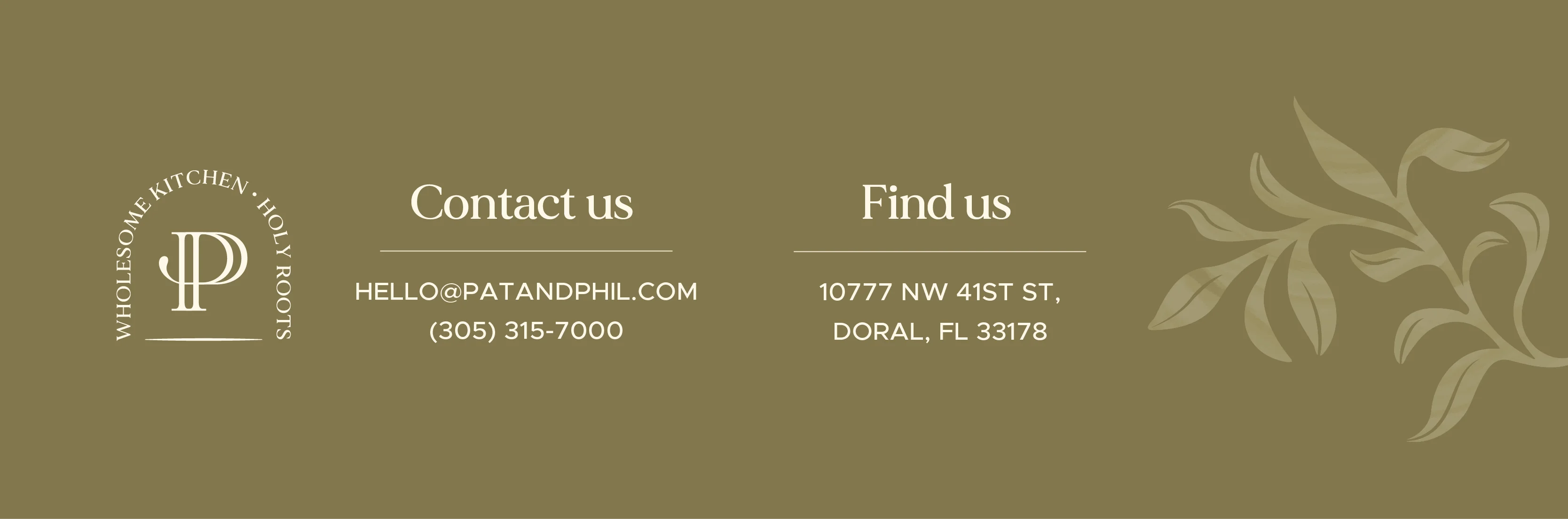 Restaurant contact information card with elegant botanical branding