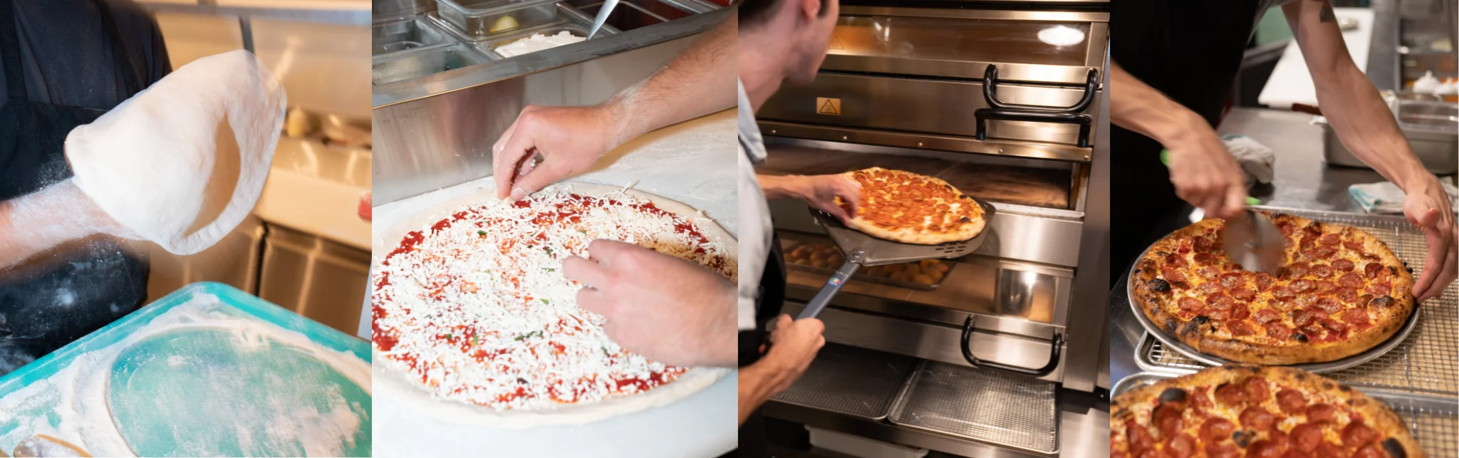 Pizza preparation process in a pizzeria kitchen