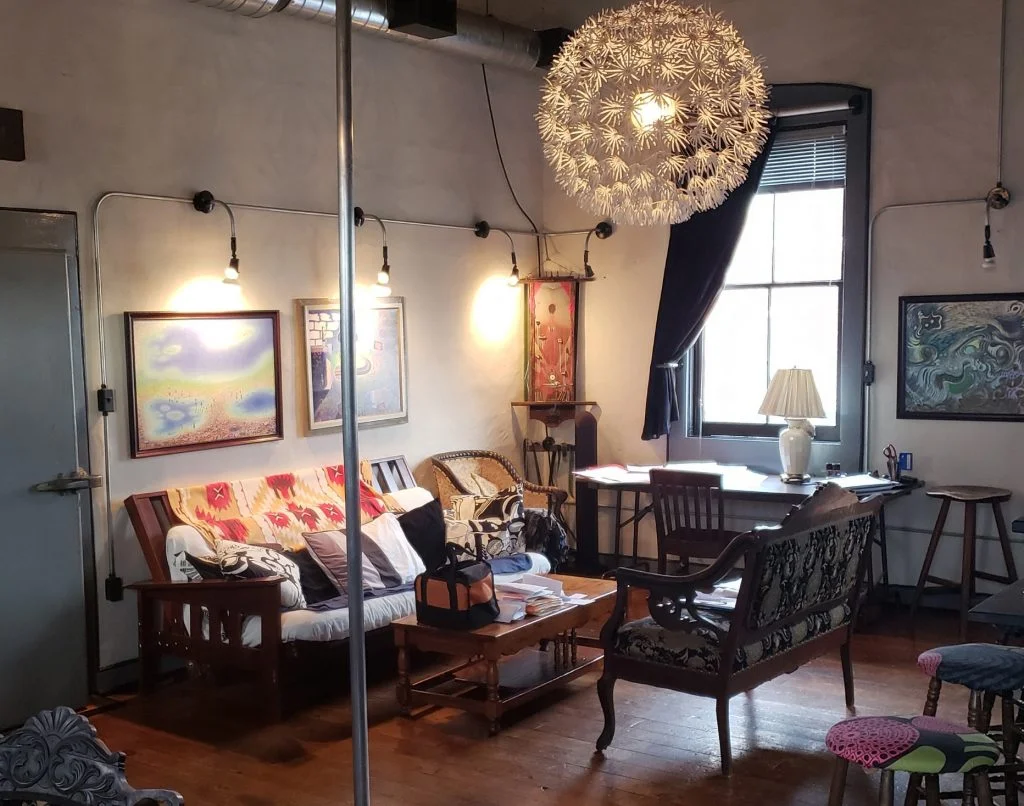 Cozy interior with eclectic decor and warm lighting