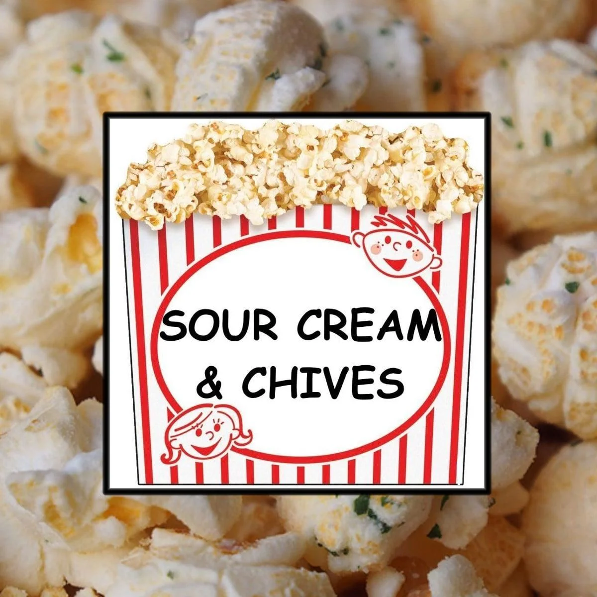 A popcorn container labeled 'Sour Cream & Chives' surrounded by popcorn kernels.