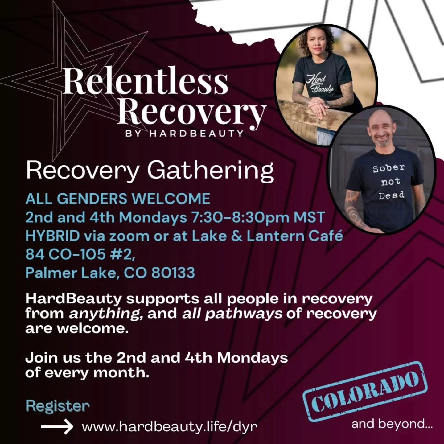 Recovery gathering event flyer for all genders in Colorado