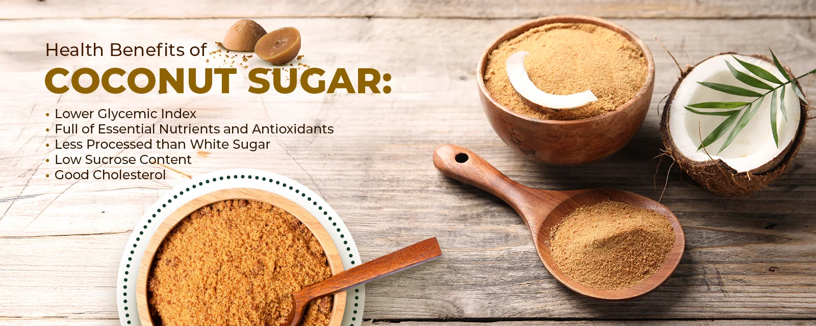 Coconut sugar with health benefits on wooden table
