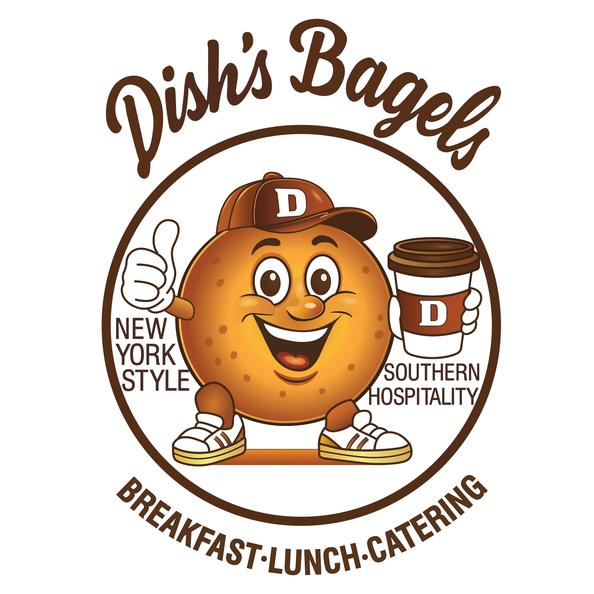 A cheerful cartoon character representing a bagel, wearing a cap and holding a coffee cup. The character is designed for a food brand offering breakfast, lunch, and catering services.
