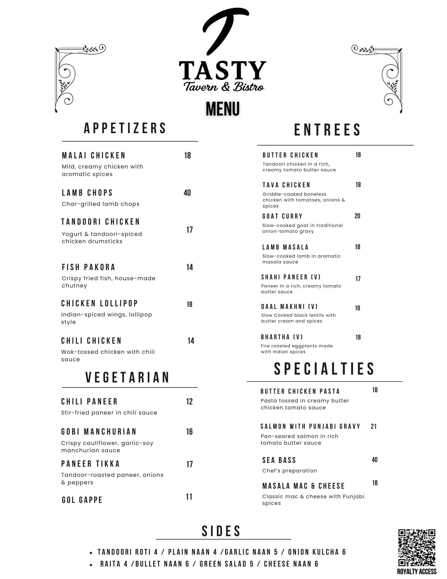 Menu of Indian cuisine featuring appetizers and entrees