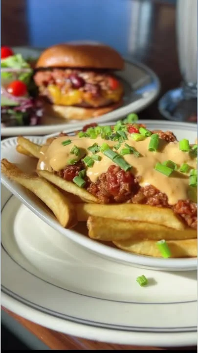 Loaded chili cheese fries with green onions
