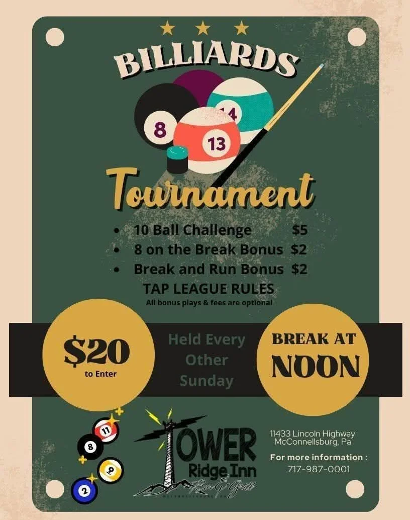 Billiards tournament flyer at Tower Ridge Inn