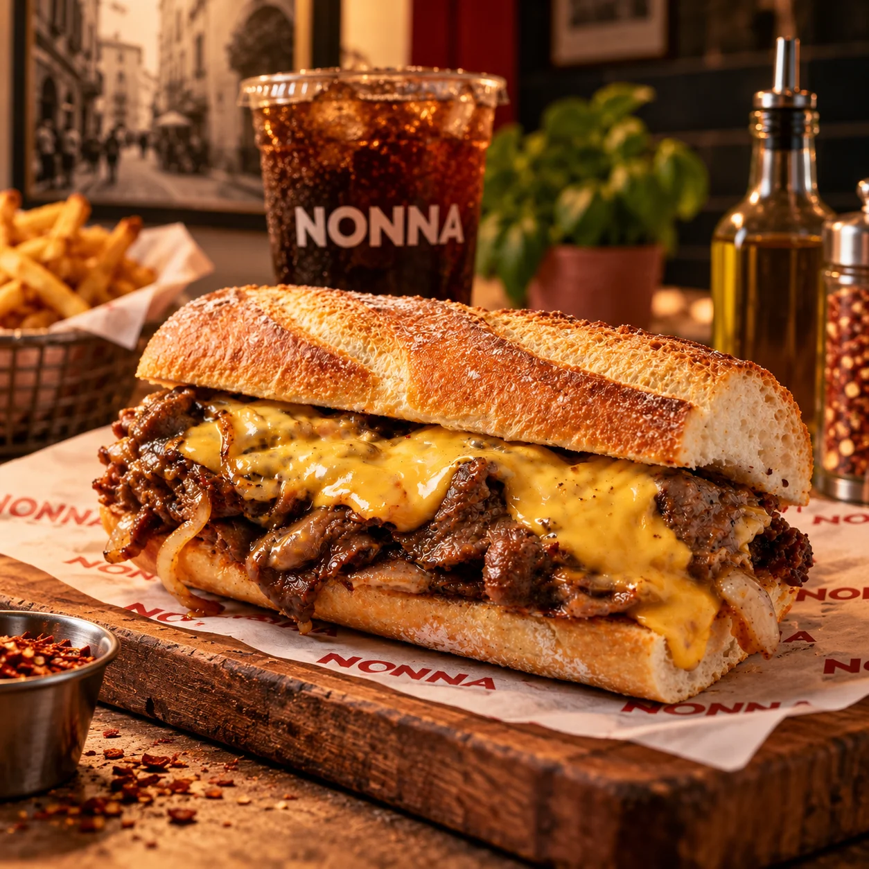 Philly cheesesteak sandwich with melted cheese on a crusty roll