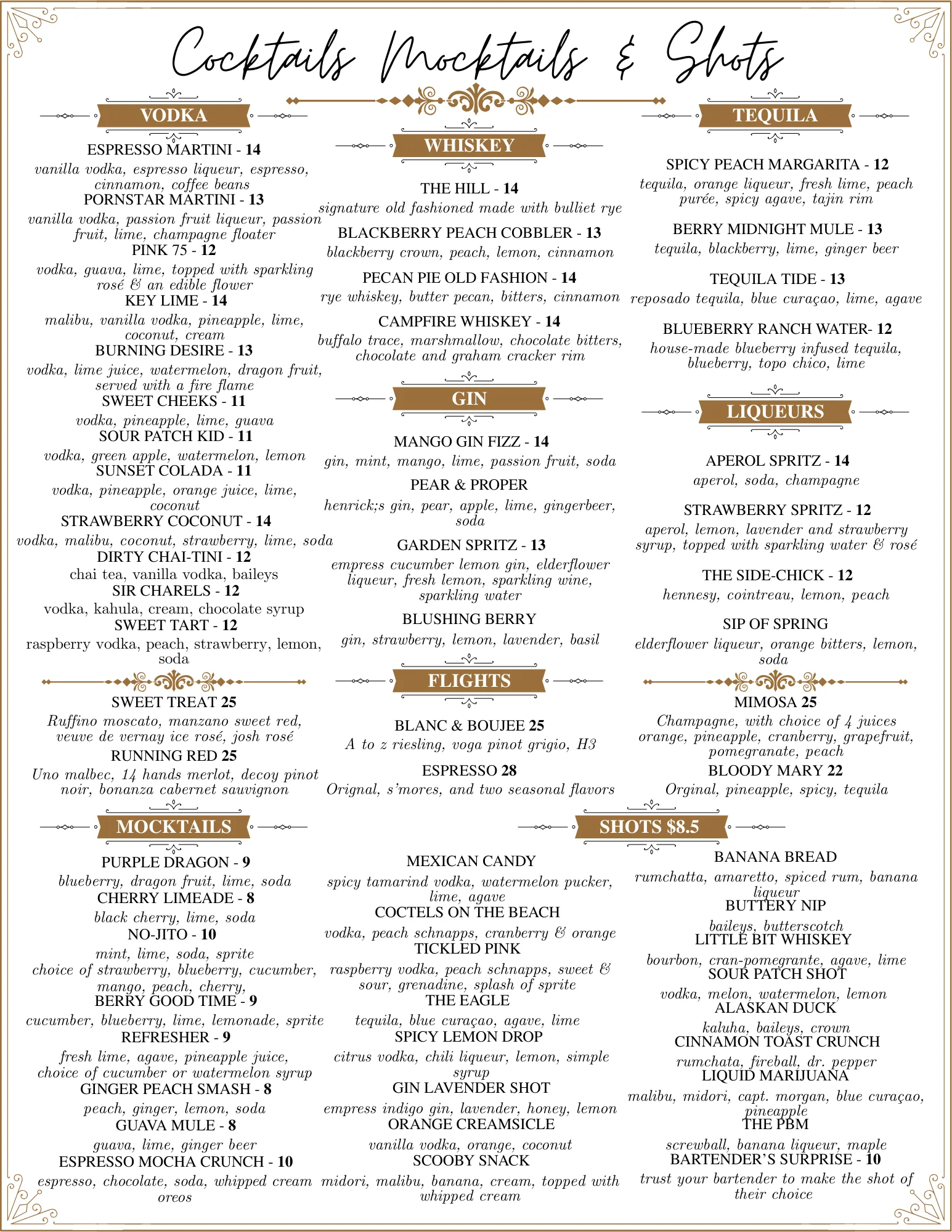 Cocktail menu featuring diverse drinks and mocktails